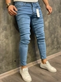 Men's slim fit light blue skinny jeans with wash effect and elastic crease details - S / Light Blue