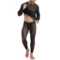 Set sexy da uomo in mesh nero composto da top a maniche lunghe e pantaloni con coulisse - S / Nero
