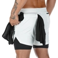 Men's white 2-in-1 running shorts with built-in black liner and functional towel loop - 3XL / Bottoms / White