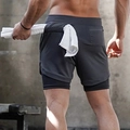 Men's dark grey double-layer sports shorts with built-in towel loop for fitness and running - 3XL / Bottoms / Black and Gray
