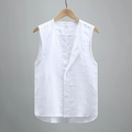 Men's casual white button-up linen vest with a minimalist round neck and textured fabric - M / White