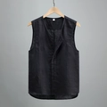 Men's casual slim fit linen blend button vest in solid black with natural texture - M / Black