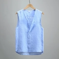 Men's light blue linen blend button-up vest with a V-neck and casual slim fit design - M / Yarn Dyed Blue