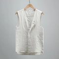 Men's casual linen blend buttoned vest in beige grey color with V-neck design - M / Natural Hemp