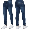 Detail van de slim-fit donkerblauwe herenjeans met snorreffect en gouden contraststiksels - S / Donkerblauw