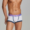 Detail of ergonomic U-pouch and blue hem on white men's contrast boxer briefs - M / White