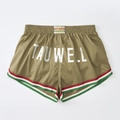 Detail view of olive green gym shorts showing white logo print and vintage striped trims - M / Army Green