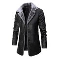 Cappotto uomo lungo in finta pelle nera con colletto in pelliccia grigia e bottoni eleganti - 5XL / Nero