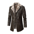 Cappotto da uomo in pelle PU marrone lunghezza media con calda fodera in pile e revers - 5XL / Marrone
