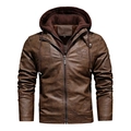 Herren PU-Lederjacke in Dunkelbraun, schmale Passform mit abnehmbarer Kapuze - XL / Dunkelbraun
