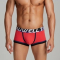 Men's low-rise red boxer briefs with black elastic waistband and blue trim accents - M / Red