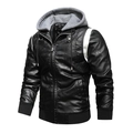 Men's black quilted PU leather jacket with gray knitted hood and ribbed cuffs - EUR 2XL / CHN 3XL / Top - Black Hooded Style (158)