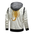 White men's PU leather jacket with golden scorpion embroidery and grey knit hood - M / White Hooded With Gold Scorpion Embroidery
