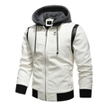White faux leather motorcycle jacket for men with grey knit hood and ribbed cuffs - EUR 2XL / CHN 3XL / Top - White Hooded Style (158)