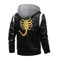 Men's black PU leather jacket featuring a gold scorpion embroidery and knit hood - M / Black Hooded With Gold Scorpion Embroidery