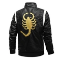 Men's black faux leather jacket with gold scorpion embroidery and white shoulder panels - M / Black With Gold Scorpion Embroidery
