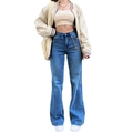 Women's high waist flare jeans with vintage wash blue denim and wide leg retro cut style - S / Dark Blue