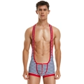 Detail of men's striped bodysuit featuring a red front zipper and elastic fabric - M / Top And Bottom / Red