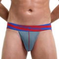 Ανδρικό γκρι δίχτυ jockstrap με κόκκινες ραφές και μπλε ριγέ ελαστική ζώνη - S / Διαστημικό Γκρι