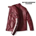Men's burgundy racing faux leather jacket with contrast stripes and embroidered patches - S / Red