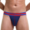 Men's mesh jockstrap in navy blue with red contrast stitching and logo waistband - S / Navy Blue