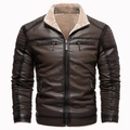 Dunkelbraune Herren-Lederjacke aus PU mit Stehkragen und warmem Fleecefutter im Retro-Stil - 2XL / Vintage Braun