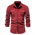 Detail of burgundy corduroy shirt featuring dual chest pockets with buttoned flaps - M / Red