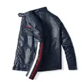 Men's navy racing jacket in PU leather with red-white stripes and Motor embroidery - S / Dark Blue