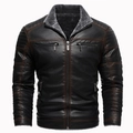 Herren Vintage PU-Lederjacke in Braun mit grauem Fleece-Kragen und Reißverschlusstaschen - 2XL / Vintage Schwarz