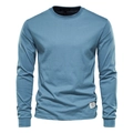 Men's casual long-sleeved crewneck T-shirt in grey-blue cotton with ribbed cuffs - Denim Blue