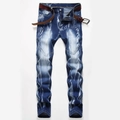 Men's straight-leg washed blue jeans with artistic feather white patterns and leather belt - EU 28 / 911 Blue