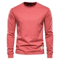 Men's casual long sleeve crew neck T-shirt in coral red with minimalist logo patch - Red