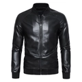 Chaqueta motera clásica de cuero PU negro para hombre con cuello alto y puños elásticos - M / Estilo Delgado (Negro)