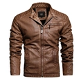 Braune Herren-Motorradjacke aus PU-Leder mit Stehkragen und gesteppten Schultern - M / Erdgelb