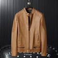 Blouson motard marron pour homme en simili cuir avec col montant et détails de surpiqûres - M / Jaune Terre