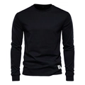 Men's casual long sleeve round neck T-shirt in black with ribbed cuffs and hem label - Black