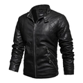 Schwarze Herren PU-Leder Bikerjacke mit Stehkragen und gesteppten Schulterpartien im Vintage Stil - M / Schwarz