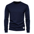 Men's long sleeve crew neck t-shirt in navy blue cotton knit with a small hem label - Navy Blue