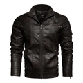 Detailed close-up of dark brown PU leather jacket featuring collar studs and inner size label - M / Coffee