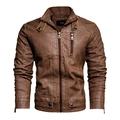 Brown faux leather biker jacket for men with stand collar and zipper pockets - M / Earthy Yellow