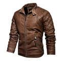 Herren Vintage Kunstleder Bikerjacke in Braun mit Stehkragen und Steppungen - M / Erdgelb