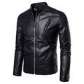 Schwarze Herren-Bikerjacke aus PU-Leder mit Stehkragen und Details mit Metallreißverschluss - M / Schwarz