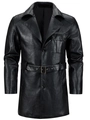Detailed view of men's black PU leather coat featuring classic lapels and waist belt - S / Black