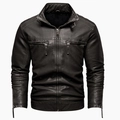 Detail der schwarzen PU-Lederjacke für Herren mit Metallreißverschlüssen und Ziernähten - XS / Kaffeebraun