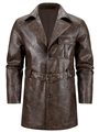 Detail of vintage brown leather trench coat featuring lapel collar and belted waist - S / Coffee