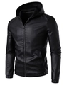 Men's hooded PU leather motorcycle jacket in black with elastic cuffs and slim fit design - M / Black (Thin)