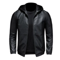 Chaqueta de cuero PU negro para hombre con capucha, forro polar y puños acanalados elásticos - M / Estilo Delgado