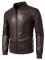 Men's dark brown faux leather bomber jacket with ribbed cuffs and stand collar - M / Coffee