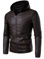 Men's dark brown faux leather hooded jacket with slim fit and elastic cuffs for casual wear - M / Coffee (Thin)