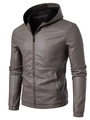 Men's faux leather hooded motorcycle jacket in dark brown with textured PU finish - 4XL / Gray (Thin)